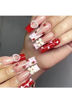 Nails Heart 3D Charm Bow 24 Press On Style Fake Glam Trendy Stylish Strawberries